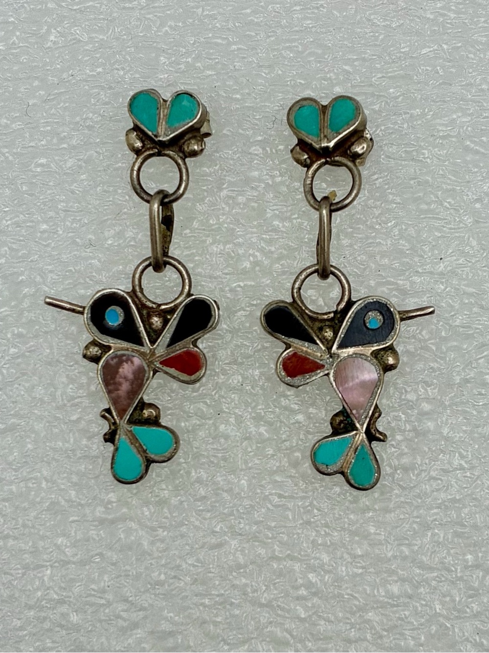 Native Zuni multi stone inlay sterling silver hummingbird earrings